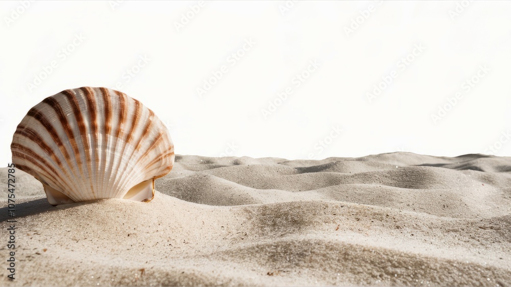 Seashell on Sandy Shore: A single seashell, nestled in soft, white sand, evokes the tranquility of a beachside escape. Generative Al