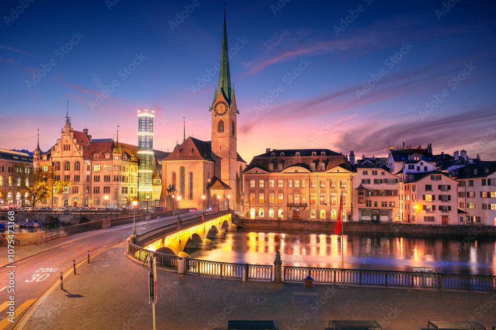 Zurich, Switzerland. Cityscape image of Zurich, Switzerland at beautiful autumn sunset.