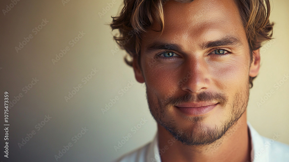 Fototapeta premium Close-up of a handsome man with a gentle smile and intense eyes, his hair slightly tousled and wearing a simple white shirt.