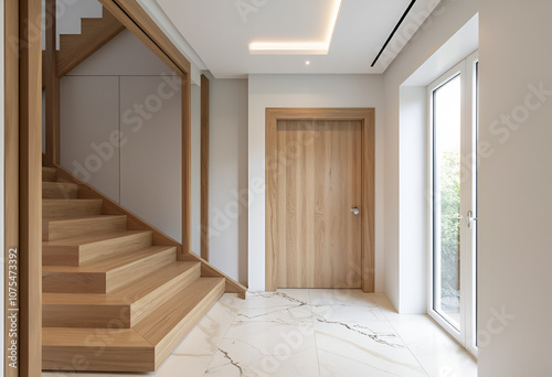 Wooden staircase and marble floor in minimalist interior design of modern entrance hall with door.