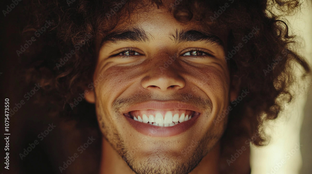 Close-up of a charming man with curly hair, a friendly expression, and dimples showing as he smiles. Close-up of a charming man with curly hair, a friendly expression, and dimples showing as he smiles.