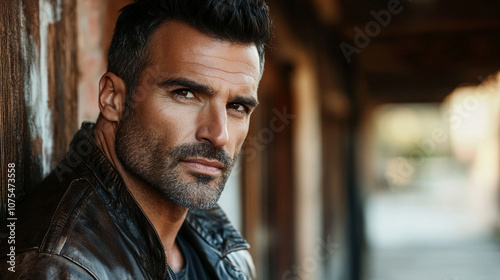 Close shot of a ruggedly handsome man, slight stubble, with a soft gaze, wearing a leather jacket and gazing off-camera. photo