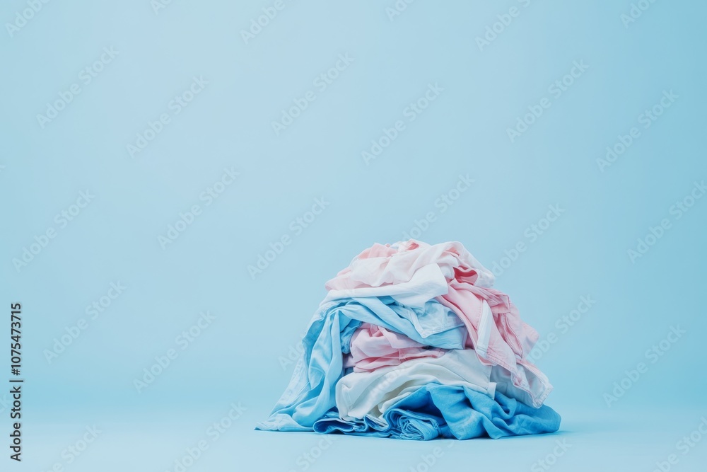 Obraz premium A vibrant still life piece depicting a crumpled mass of laundry set against a serene blue backdrop, showcasing the chaos inherent in the everyday cleaning chores we all face in our busy lives