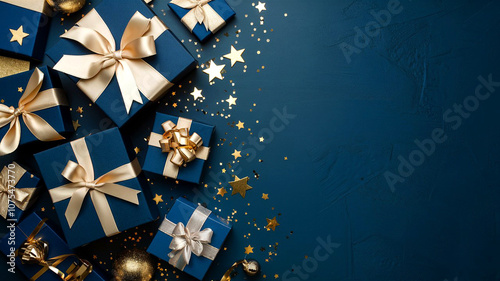 Elegant Festive Arrangement with Blue and Gold Wrapped Gift Boxes and Scattered Gold Stars Creating a Luxurious Holiday Scene