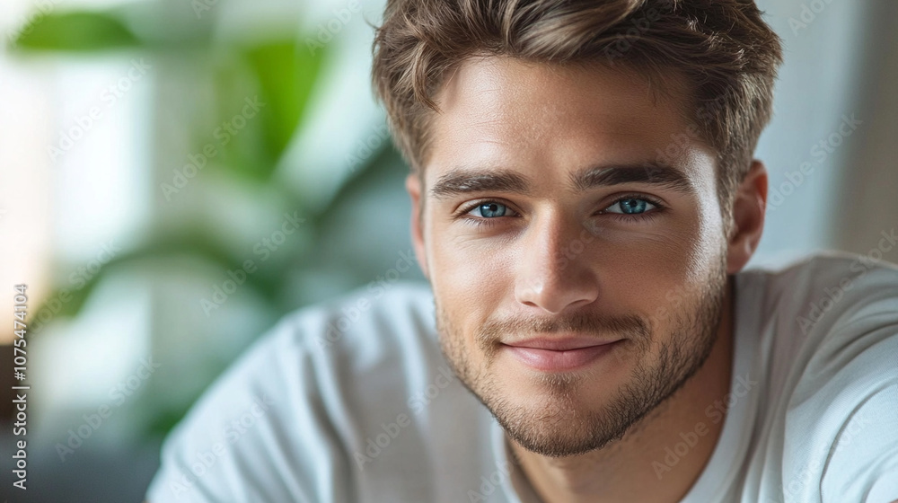 Close-up of a man with piercing blue eyes, slightly smiling, wearing a casual shirt and sitting in natural light. Close-up of a man with piercing blue eyes, slightly smiling, wearing a casual shirt and sitting in natural light.