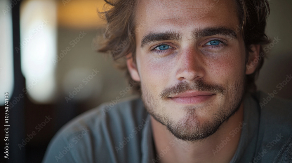 Close-up of a man with piercing blue eyes, slightly smiling, wearing a casual shirt and sitting in natural light. Close-up of a man with piercing blue eyes, slightly smiling, wearing a casual shirt and sitting in natural light.
