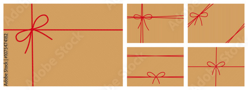 Packing string for decoration, present, pastry boxes for New Year, Christmas. Striped kraft paper background, gift tied up with cotton red rope bakers twine ribbons and bow. Vector EPS10