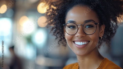 Portrait of a Smiling Woman with Glasses and Afro Hair