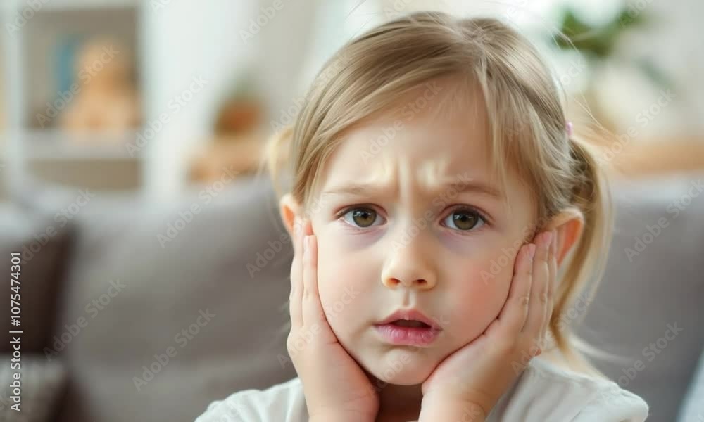 sad little girl in pajamas suffers from pain and inflammation in her ear. home interior with copy space. Ear pain concept. sad little girl in pajamas suffers from pain and inflammation in her ear. home interior with copy space. Ear pain concept.