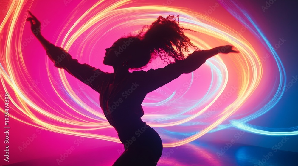 Silhouette of a Woman Dancing with Neon Light Trails Silhouette of a Woman Dancing with Neon Light Trails