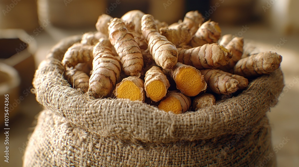 A burlap sack filled with whole turmeric root. A burlap sack filled with whole turmeric root.