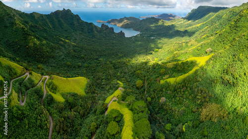 magnificent aerial view of the HATIHEU valley on the island of NUKU HIVA in the Marquesas archipelago in French Polynesia