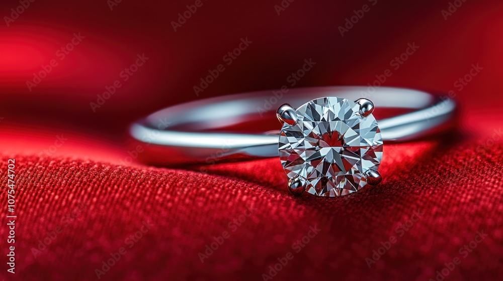 A classic diamond engagement ring on a red background. A classic diamond engagement ring on a red background.