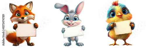 Set of cute cartoon holding a blank sign isolated on transparent background (2)