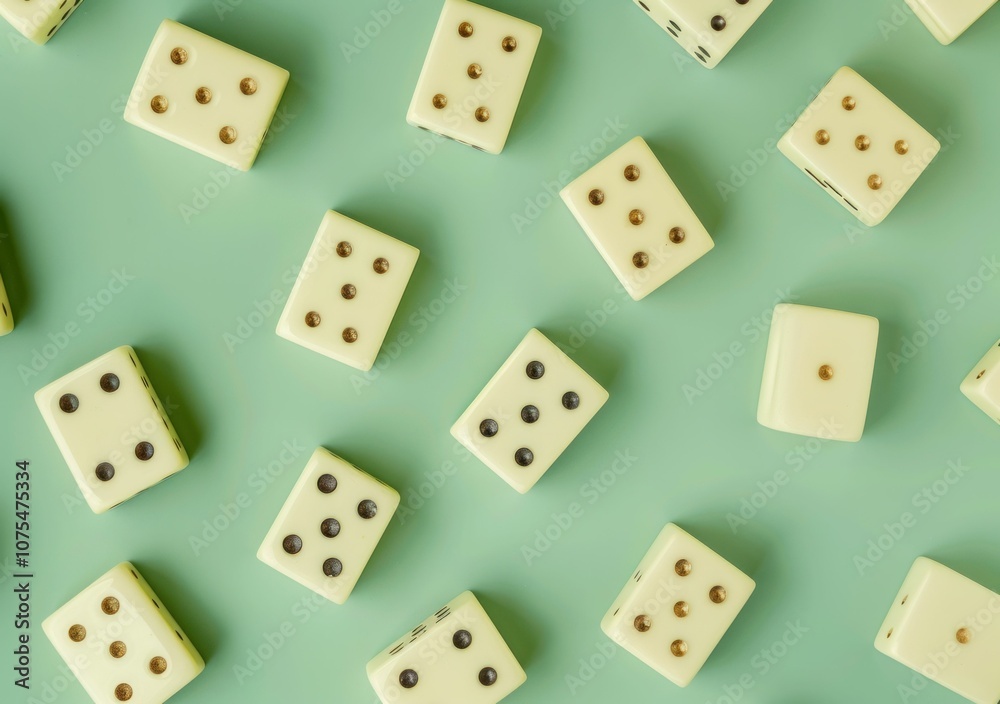 Close up of scattered dominoes on a mint green background, showcasing their unique pips and colors for a playful and nostalgic feel Ideal for game related themes and leisure Close up of scattered dominoes on a mint green background, showcasing their unique pips and colors for a playful and nostalgic feel Ideal for game related themes and leisure