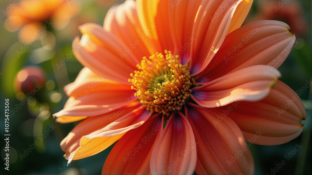 Vibrant orange flower blooms in a garden during late afternoon sunlight, showcasing its intricate petals and vibrant center Vibrant orange flower blooms in a garden during late afternoon sunlight, showcasing its intricate petals and vibrant center