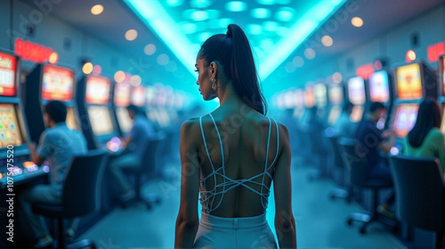 A woman with a stylish backless outfit stands in a vibrant casino filled with slot machines during a lively evening