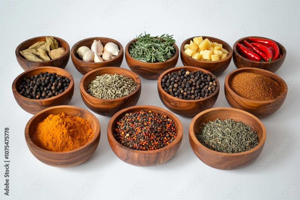 A collection of different spices are arranged in small, wooden bowls on a white surface A collection of different spices are arranged in small, wooden bowls on a white surface
