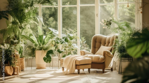 Sunlit cozy reading nook with a plush armchair surrounded by lush green plants, exuding tranquility and comfort.