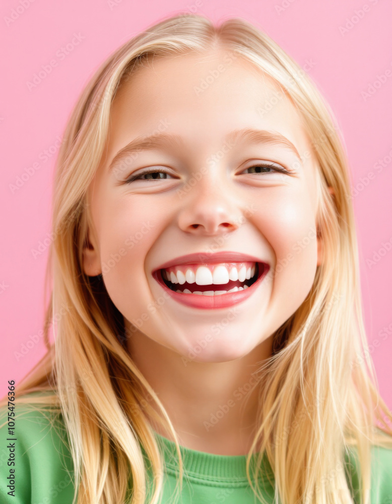 Blonde girl rejoices on a pink background, Portrait of funny positive cheerful blonde little girl holding paper bow above her head Blonde girl rejoices on a pink background, Portrait of funny positive cheerful blonde little girl holding paper bow above her head