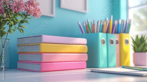 Wallpaper Mural A Stack of Colorful Books on a Desk with a Pen and Notebook Torontodigital.ca