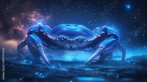 A glowing blue crab stands on a beach with a starry night sky in the background. photo