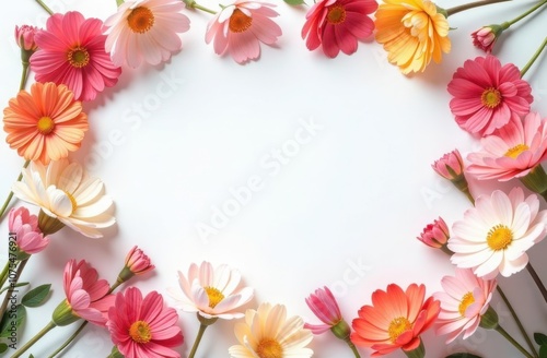 Wallpaper Mural lots of colorful flowers on a white background around with free space for text, empty in the cent, soft pastel colors, top view Torontodigital.ca