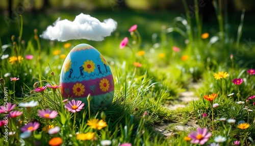 A whimsical, vibrant Easter egg nestled in a lush, sun-drenched meadow, surrounded by wildflowers photo