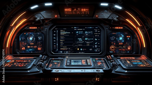 Fototapeta Naklejka Na Ścianę i Meble -  Futuristic spaceship cockpit interior with digital displays and controls.