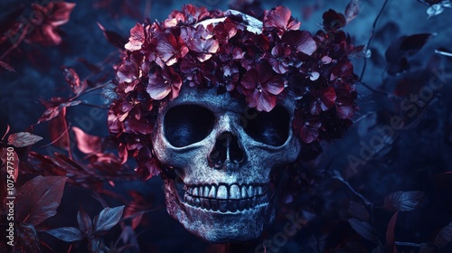 scary halloween skull decorated with flowers on forest background