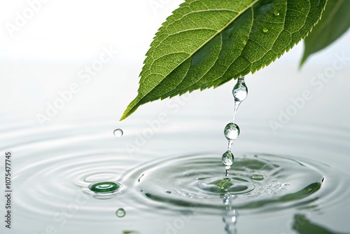 Water droplets falling from a leaf on a serene white background, watercolor, white background, water droplets, falling, serenity