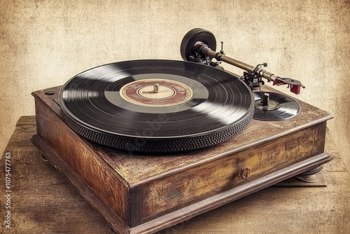 Vintage Record Player with Vinyl on Wooden Surface in Rustic Setting photo