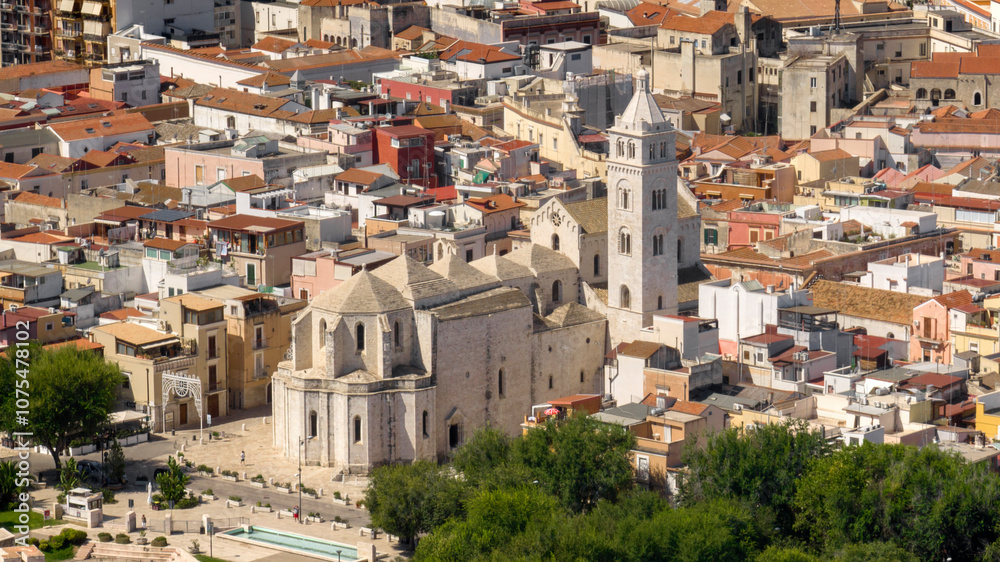 Obraz premium Aerial view of the Basilica of Santa Maria Maggiore in the historic center of Barletta Puglia, Italy. It is the cathedral of the city and it was built in Romanesque and Gothic styles.