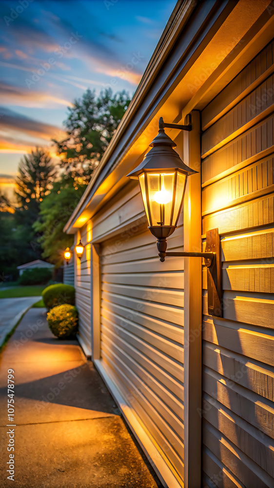 Obraz premium Soft Glow of a Traditional Outdoor Light Casting Warm Illumination on a Garage Wall During Golden Hour in a Charming Suburban Setting