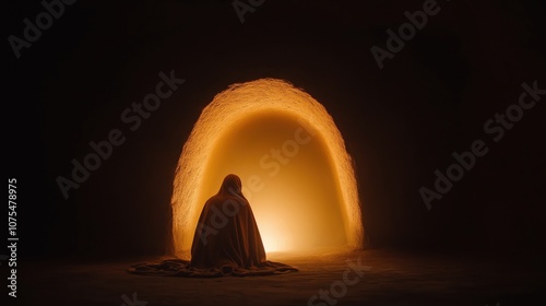 Mary Magdalene kneeling before the open, empty tomb of Jesus at dawn, with radiant light shining from inside. photo