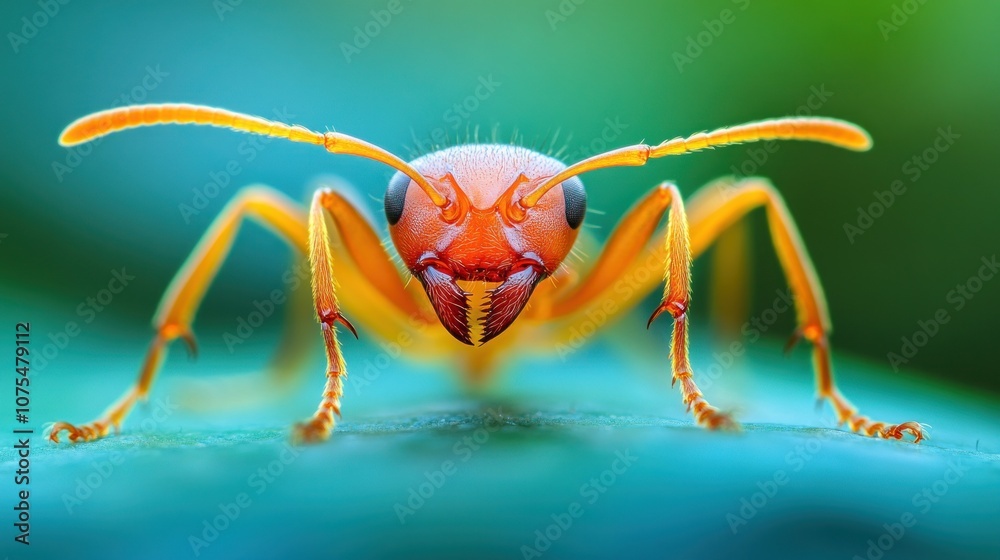 Naklejka premium A close-up of an orange ant with its mandibles open, looking directly at the camera.
