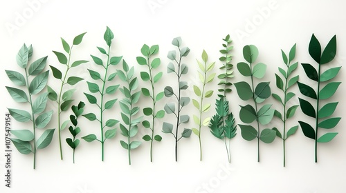 Paper foliage in various green shades arranged on white background, simple and elegant