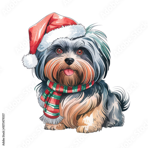 Cute Christmas Dog with Santa Hat and Colorful Scarf for Festive Holiday Celebrations and Seasonal Events, Perfect for Dog Lovers and Holiday Decorations photo