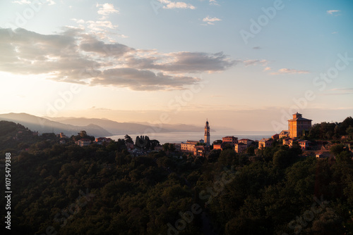 Obraz na płótnie Italian riviera with town of San Lorenzo della Costa at sunrise, Liguria, Italy w salonie