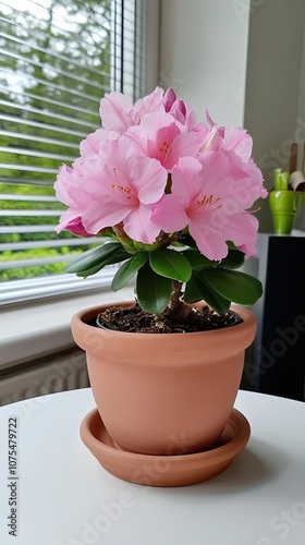 A beautiful azalea flower in a ceramic pot brightens up a modern living room beside the window, showcasing nature's elegance indoors