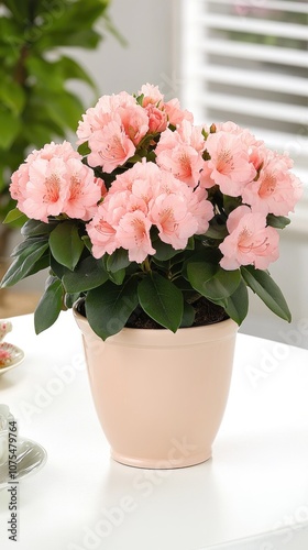 A beautiful azalea flower in a ceramic pot brightens a modern living room beside a window with blinds, offering inspiration for interior design ideas