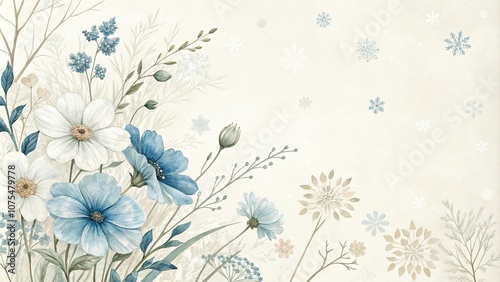 Delicate watercolor flowers in shades of blue and white, set against a soft cream background with subtle snowflakes, delicate petals, creamy background