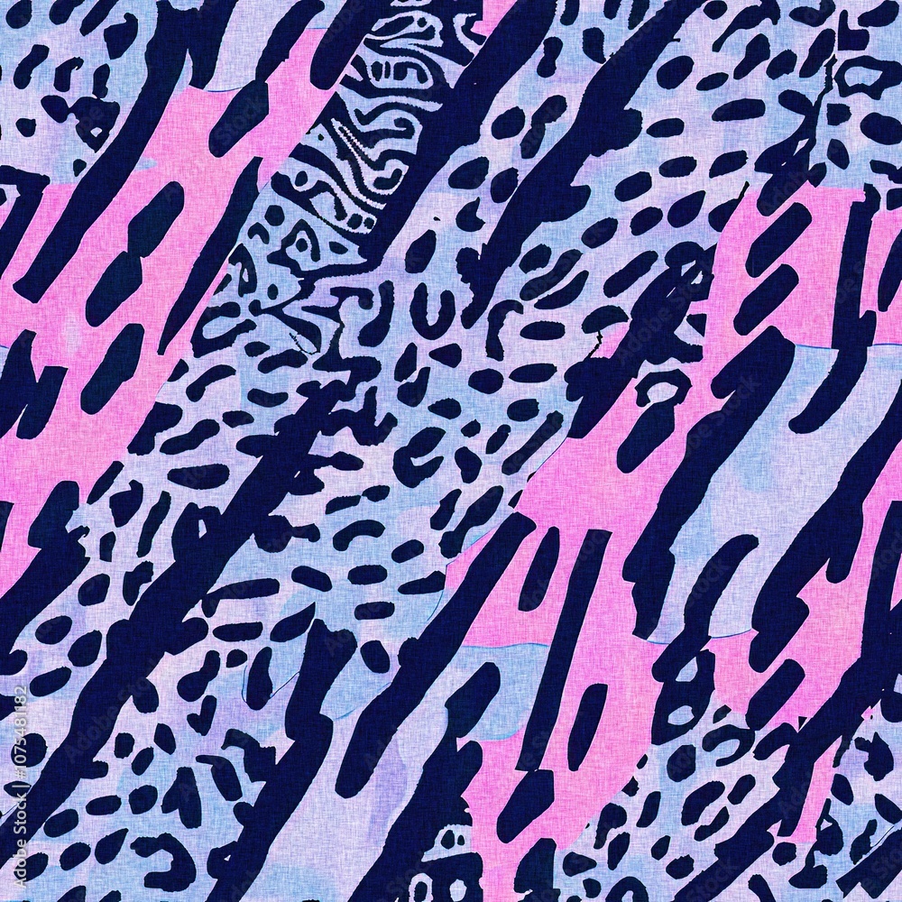 Fun girly camouflage pattern in vibrant stripes and spotted seamless design . Modern skin texture patched effect for festival and beach wear style in repeat .