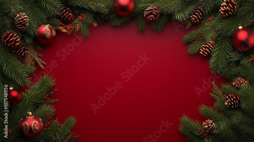 Festive Pine Branches with Red and Gold Christmas Ornaments on Red Background