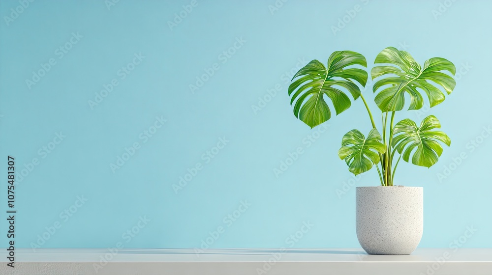 Elegant monstera plant in a grey pot enhances minimalistic interior against a serene blue wall in natural light Elegant monstera plant in a grey pot enhances minimalistic interior against a serene blue wall in natural light