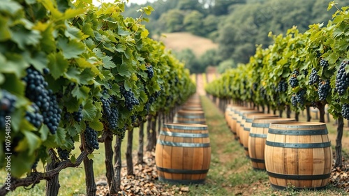 A row of wine grape vines in a vineyard with wooden wine barrels scattered around them, rustic charm, vines