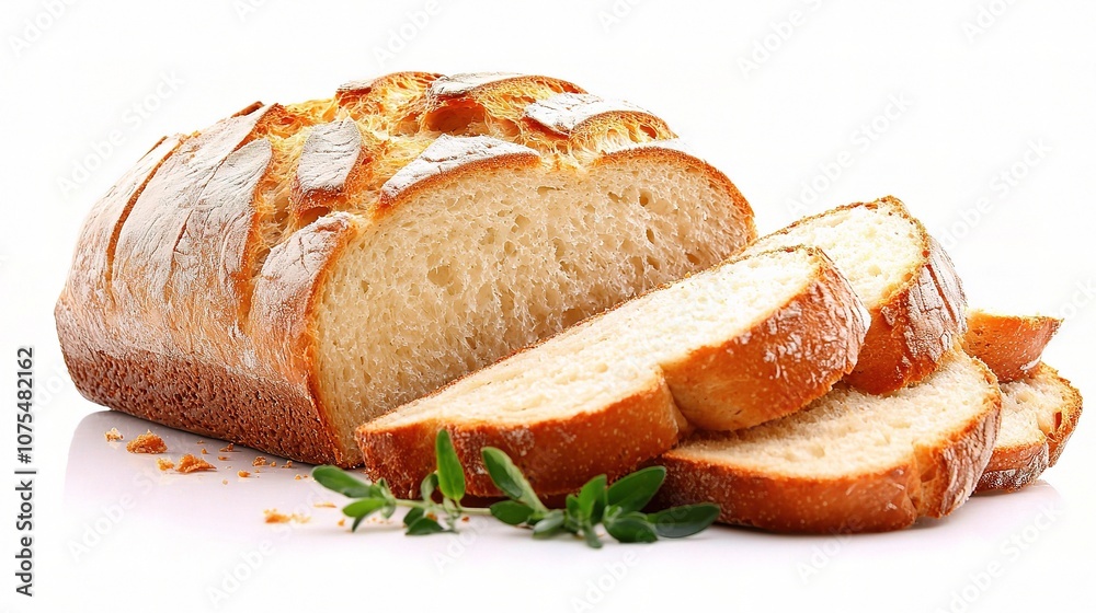 Freshly Baked Loaf of Bread Sliced and Isolated on a White Background with Green Herb Garnish for Culinary and Baking Themes Freshly Baked Loaf of Bread Sliced and Isolated on a White Background with Green Herb Garnish for Culinary and Baking Themes
