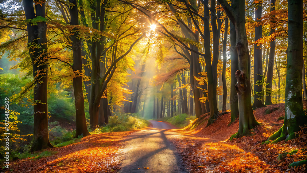 Obraz premium Tranquil Forest Path Covered with Fallen Leaves and Dappled Sunlight Filtering Through the Trees, Creating a Serene and Peaceful Woodland Scene