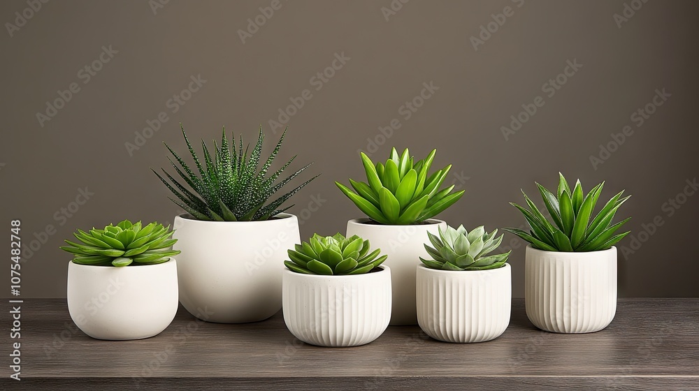 Charming collection of succulents in white and concrete pots on a dark wooden table with natural lighting in a studio setting Charming collection of succulents in white and concrete pots on a dark wooden table with natural lighting in a studio setting