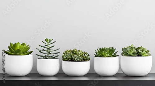 A stunning array of succulents in minimalist pots showcased on a dark wooden table with soft natural light in a serene studio setting